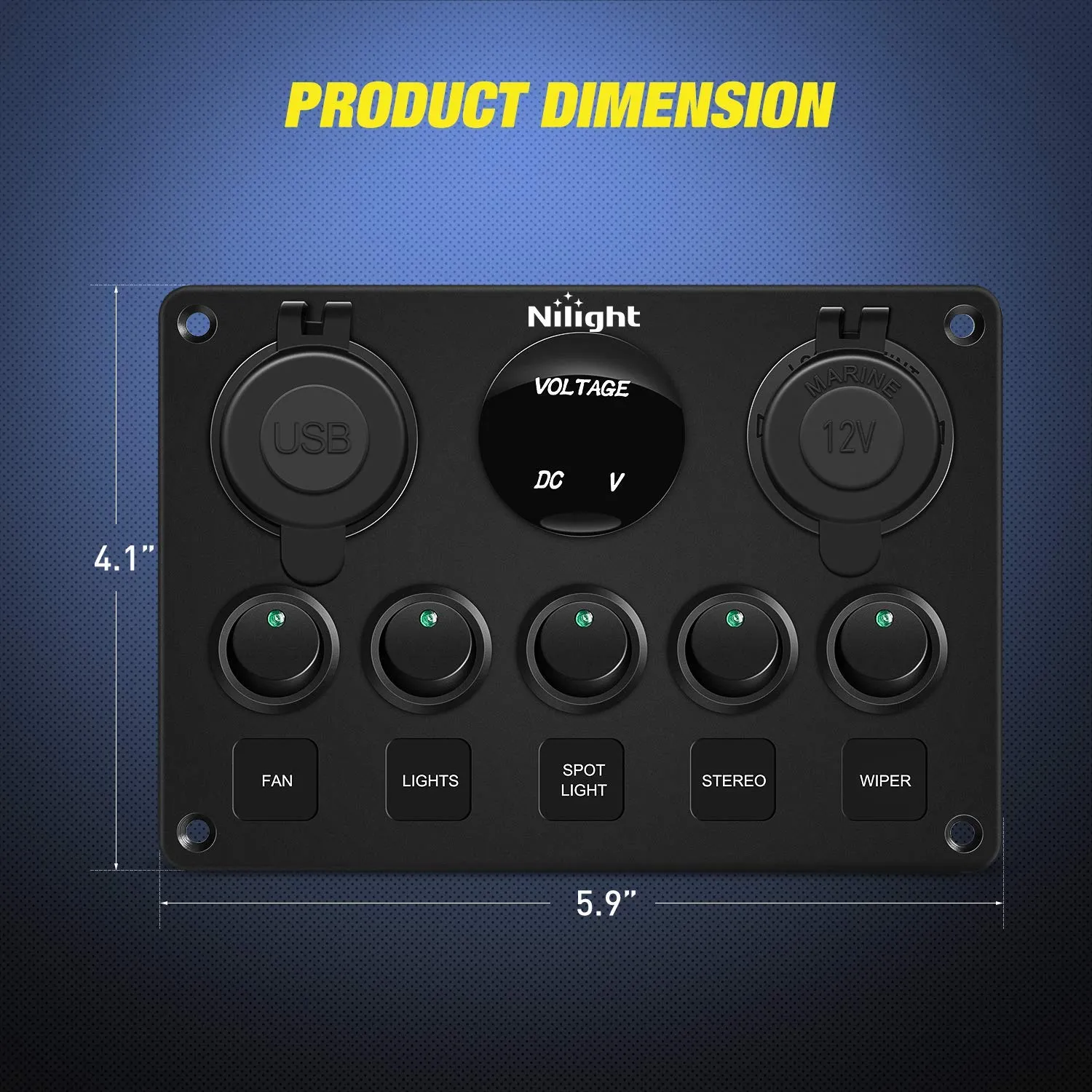 Nilight - 90125E 5 Gang Multi Function Rocker Switch Green Backlit Dual USB Charger   Digital Voltmeter  12V Outlet Pre-Wired Switch Panel with Inline Fuse for RVs Cars Boats Trucks Trailers
