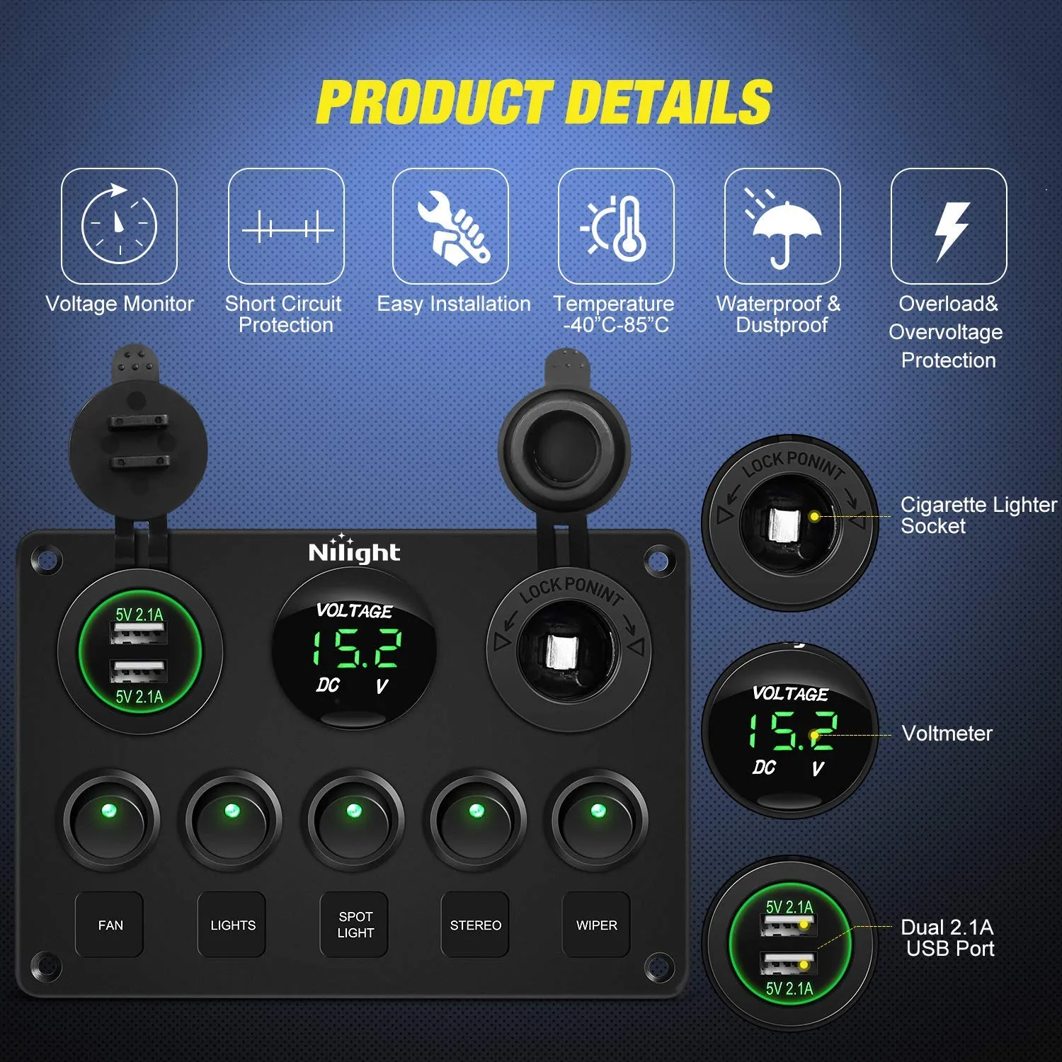 Nilight - 90125E 5 Gang Multi Function Rocker Switch Green Backlit Dual USB Charger   Digital Voltmeter  12V Outlet Pre-Wired Switch Panel with Inline Fuse for RVs Cars Boats Trucks Trailers