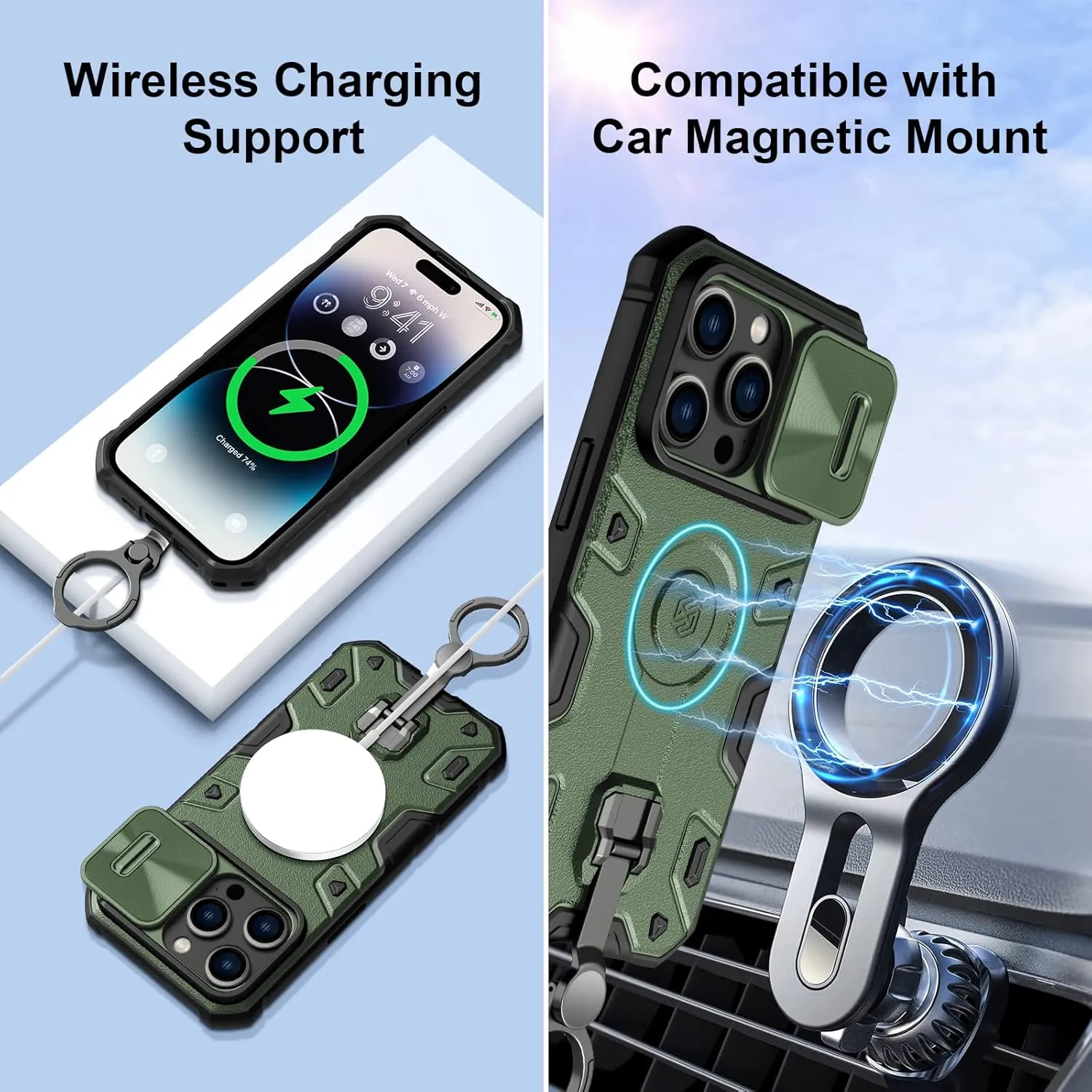 Nillkin for iPhone 14 Pro Magnetic Case,Compatible with MagSafe, Military Grade Protection, CamShield Armor 14 Pro Car Mount Case 6.1’’, with Slide Camera Cover,Built-in Magnet Circle (Tough Green)