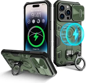 Nillkin for iPhone 14 Pro Magnetic Case,Compatible with MagSafe, Military Grade Protection, CamShield Armor 14 Pro Car Mount Case 6.1’’, with Slide Camera Cover,Built-in Magnet Circle (Tough Green)