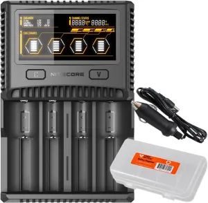 Nitecore SC4 Superb Charger with USB Output includes Car Charger Adapter and LumentTac Battery Organizer Bundle for 18650 17650 17670 RCR123A 16340 14500 Batteries