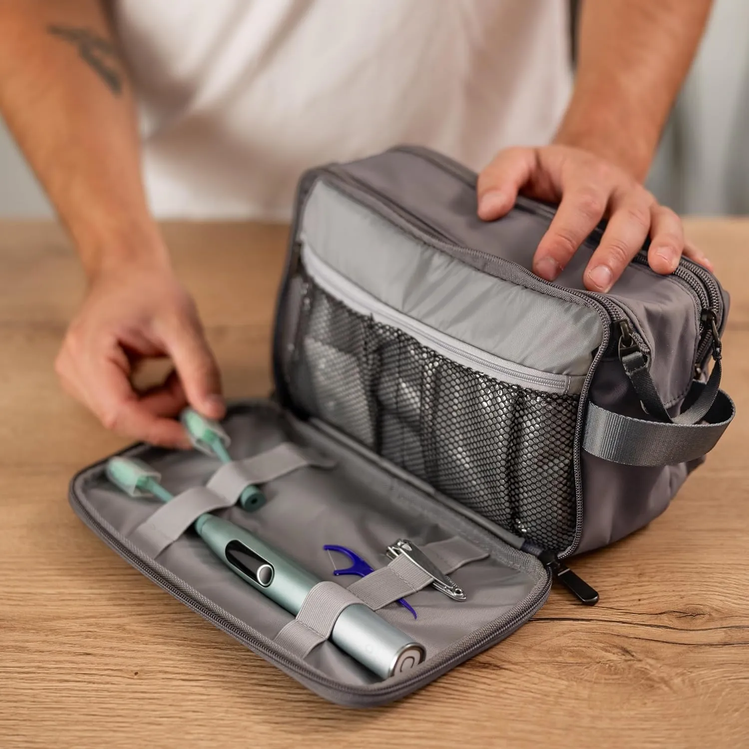 (Not Made In China) Toiletry Bag For Men, Travel Organizer, Men's Dopp Kit, Waterproof Shaving Bag for Toiletries and Accessories, Interior Compartments and Pockets (Gray)