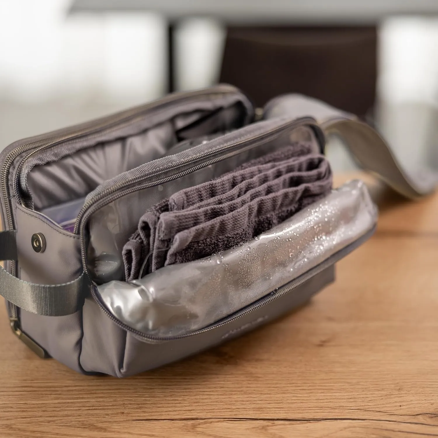 (Not Made In China) Toiletry Bag For Men, Travel Organizer, Men's Dopp Kit, Waterproof Shaving Bag for Toiletries and Accessories, Interior Compartments and Pockets (Gray)