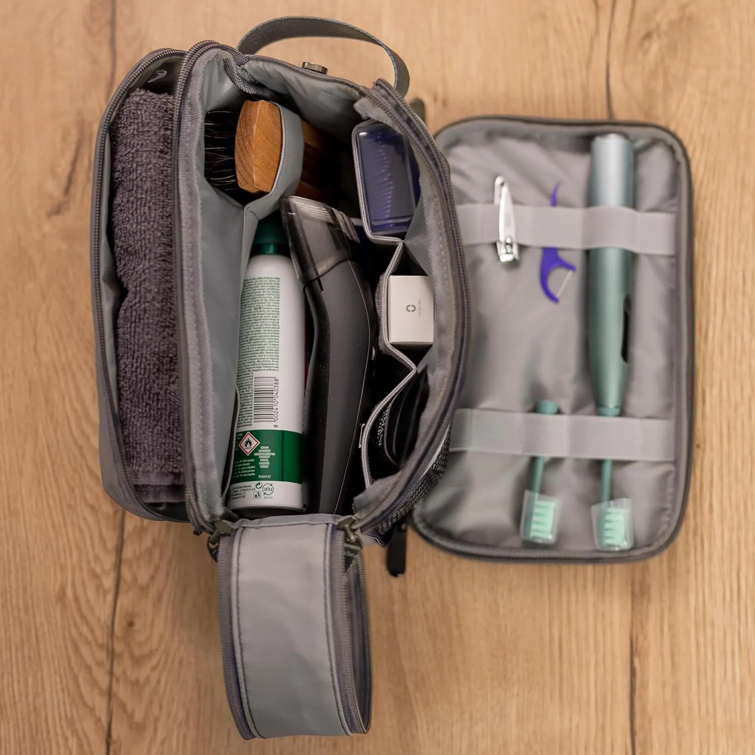 (Not Made In China) Toiletry Bag For Men, Travel Organizer, Men's Dopp Kit, Waterproof Shaving Bag for Toiletries and Accessories, Interior Compartments and Pockets (Gray)