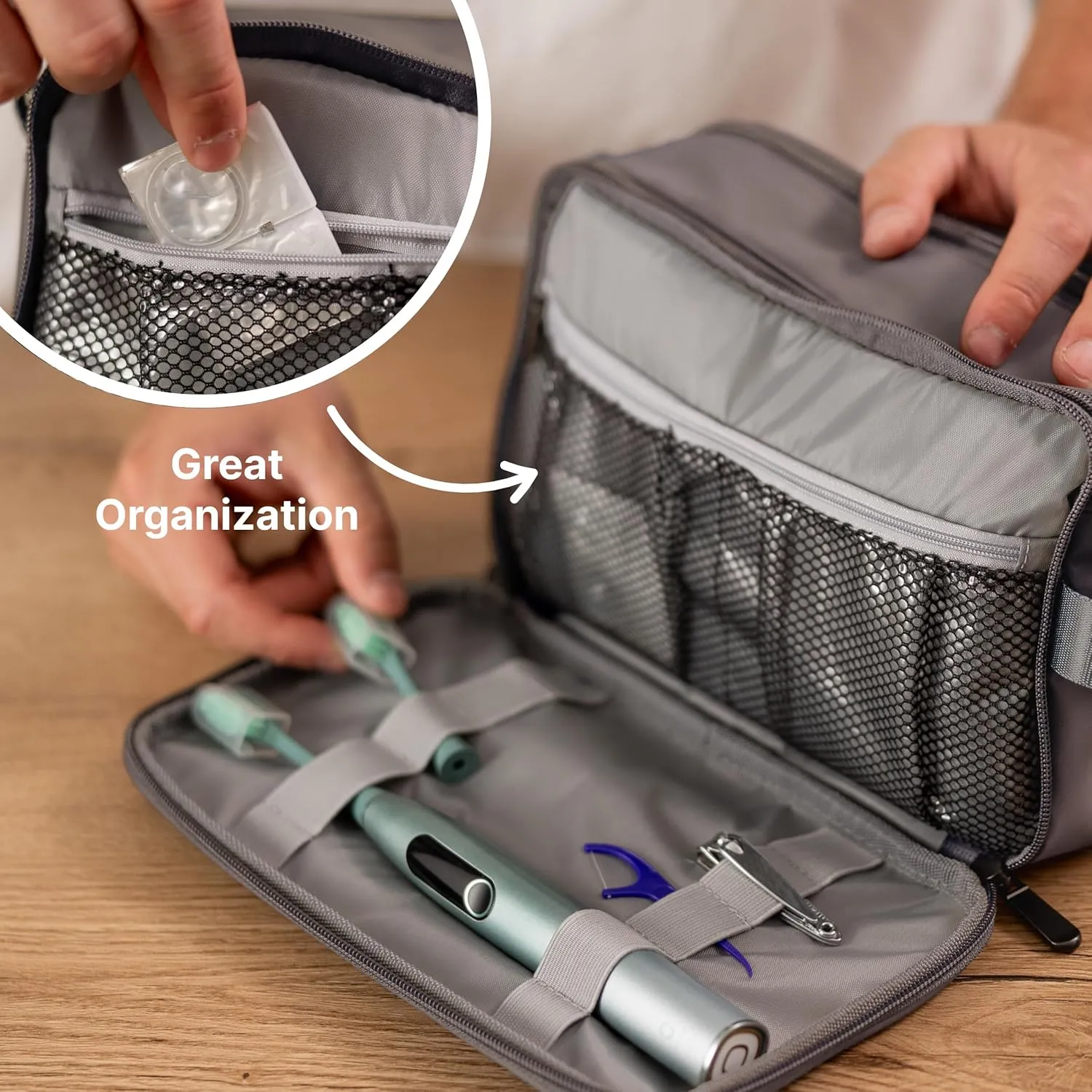 (Not Made In China) Toiletry Bag For Men, Travel Organizer, Men's Dopp Kit, Waterproof Shaving Bag for Toiletries and Accessories, Interior Compartments and Pockets (Gray)