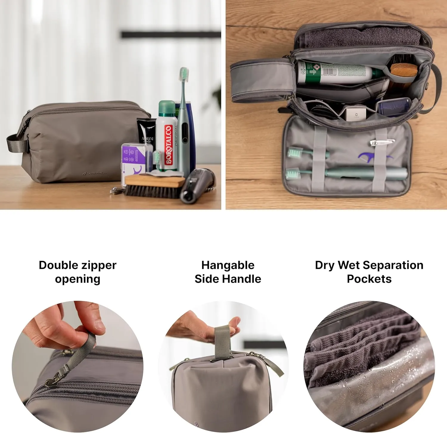 (Not Made In China) Toiletry Bag For Men, Travel Organizer, Men's Dopp Kit, Waterproof Shaving Bag for Toiletries and Accessories, Interior Compartments and Pockets (Gray)