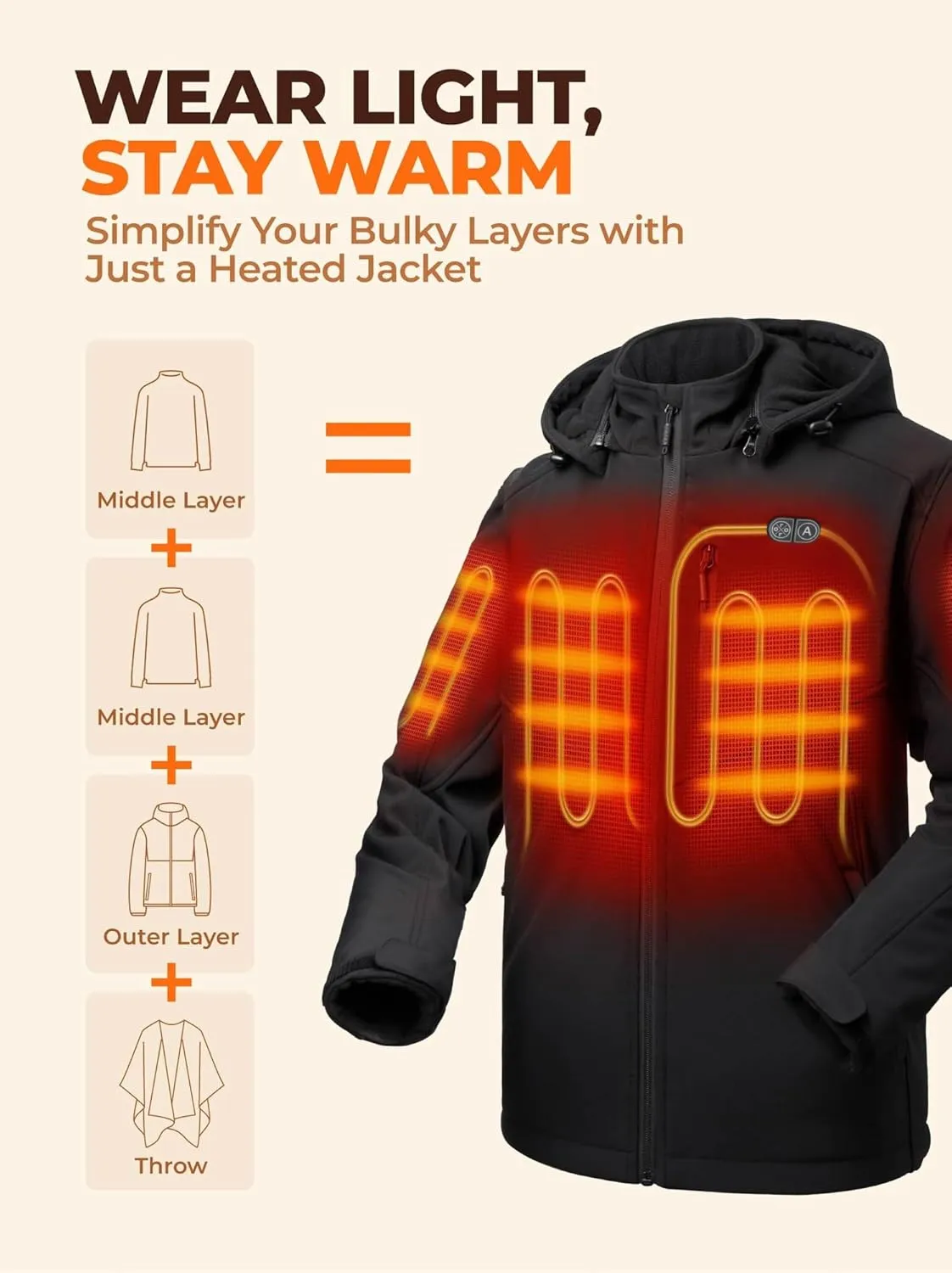 ORORO Men's 5 Heat Zones Dual Control Heated Jacket, Heated Coat Heating Jacket with Battery (Charger Not Included)