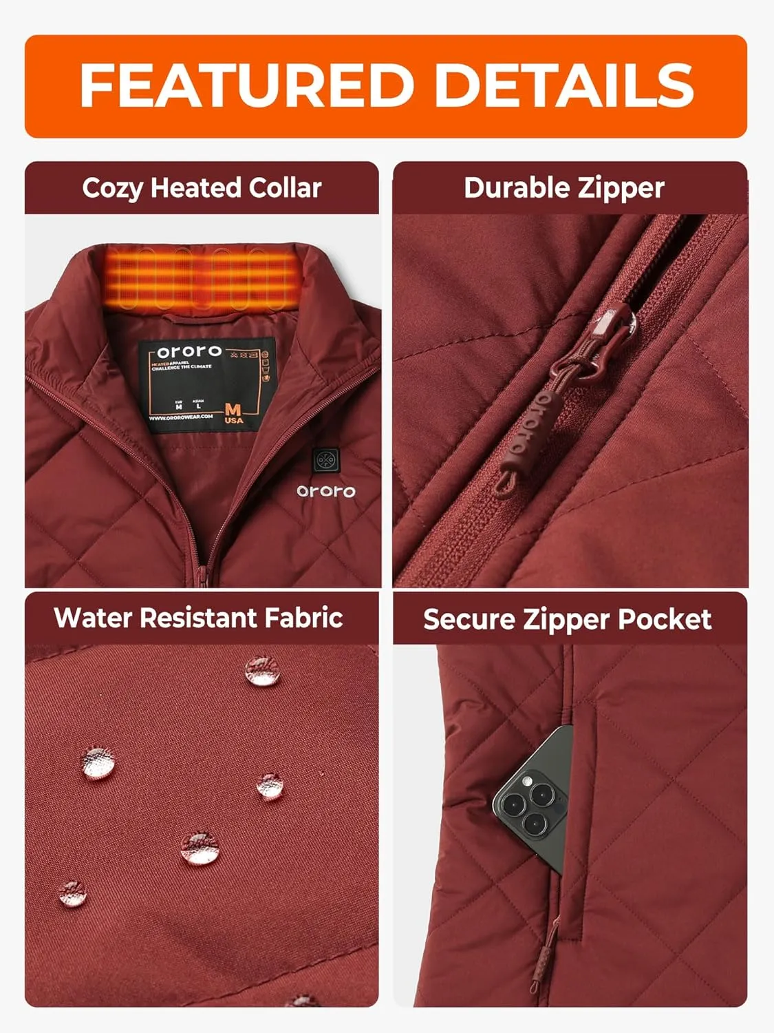ORORO Quilted Heated Vest for Women, Lightweight Quilted Heating Vest with Battery (Charger Not Included)