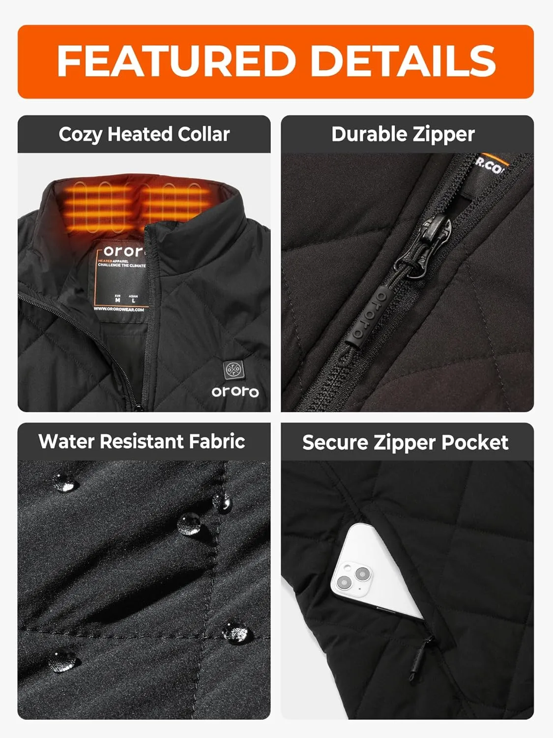 ORORO Quilted Heated Vest for Women, Lightweight Quilted Heating Vest with Battery (Charger Not Included)