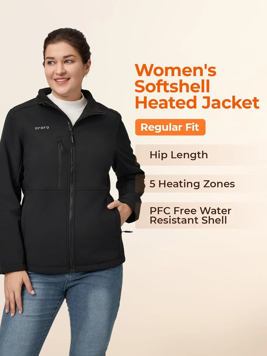 ORORO Women's 5 Heat Zones Softshell Heated Jacket with Battery, Fleece Lined Heated Jacket (Charger Not Included)
