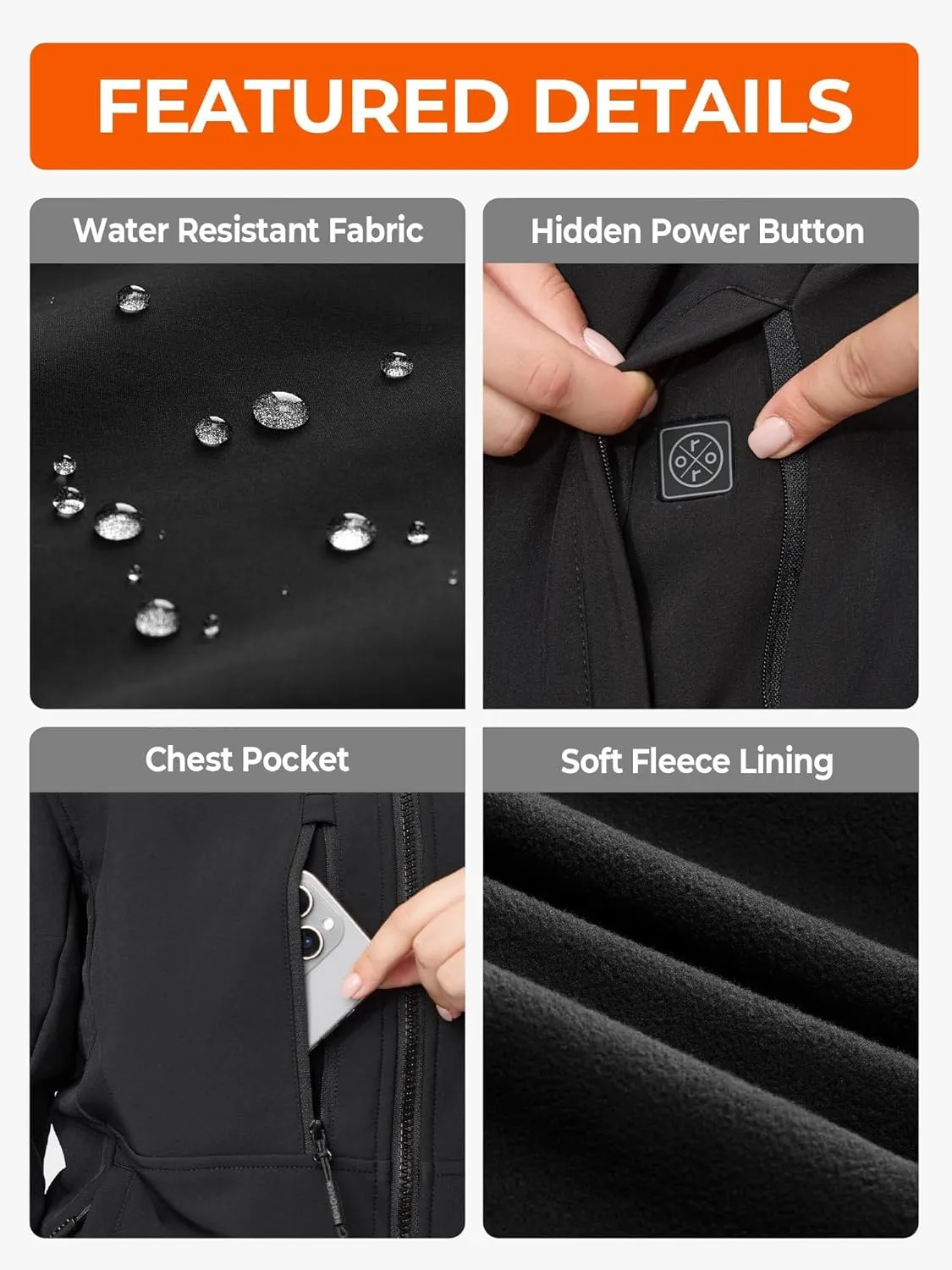 ORORO Women's 5 Heat Zones Softshell Heated Jacket with Battery, Fleece Lined Heated Jacket (Charger Not Included)