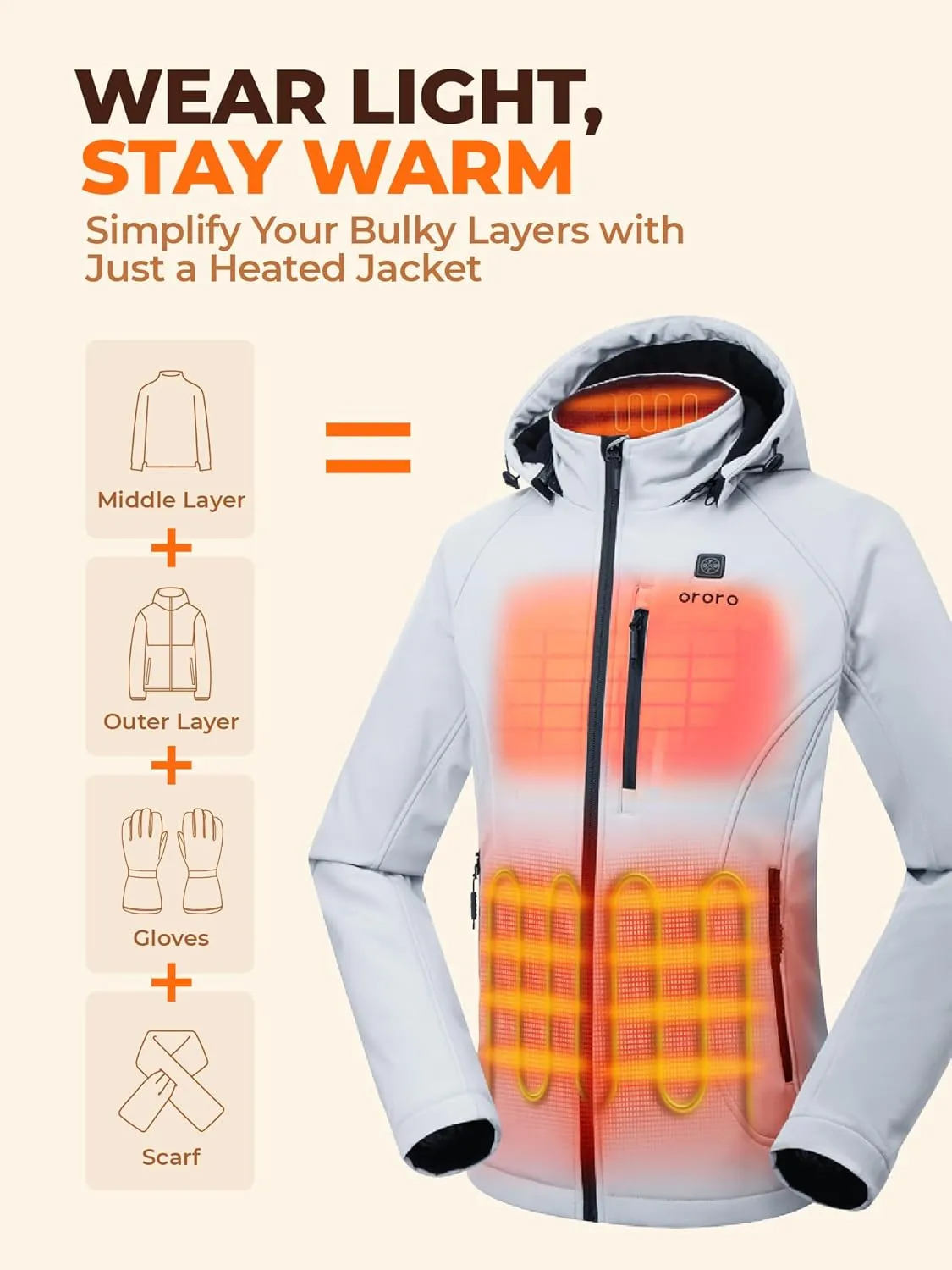 ORORO Women's Heated Jacket with Heated Collar, 4 Heat Zones Heated Coat with Battery (Charger Not Included)
