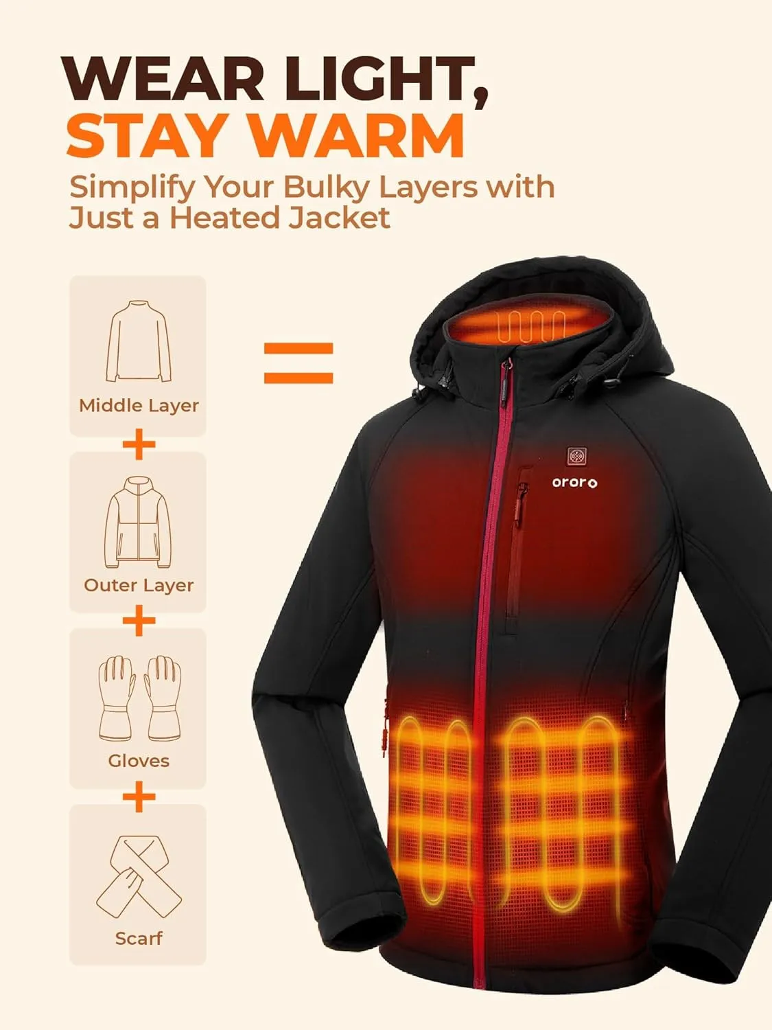 ORORO Women's Heated Jacket with Heated Collar, 4 Heat Zones Heated Coat with Battery (Charger Not Included)