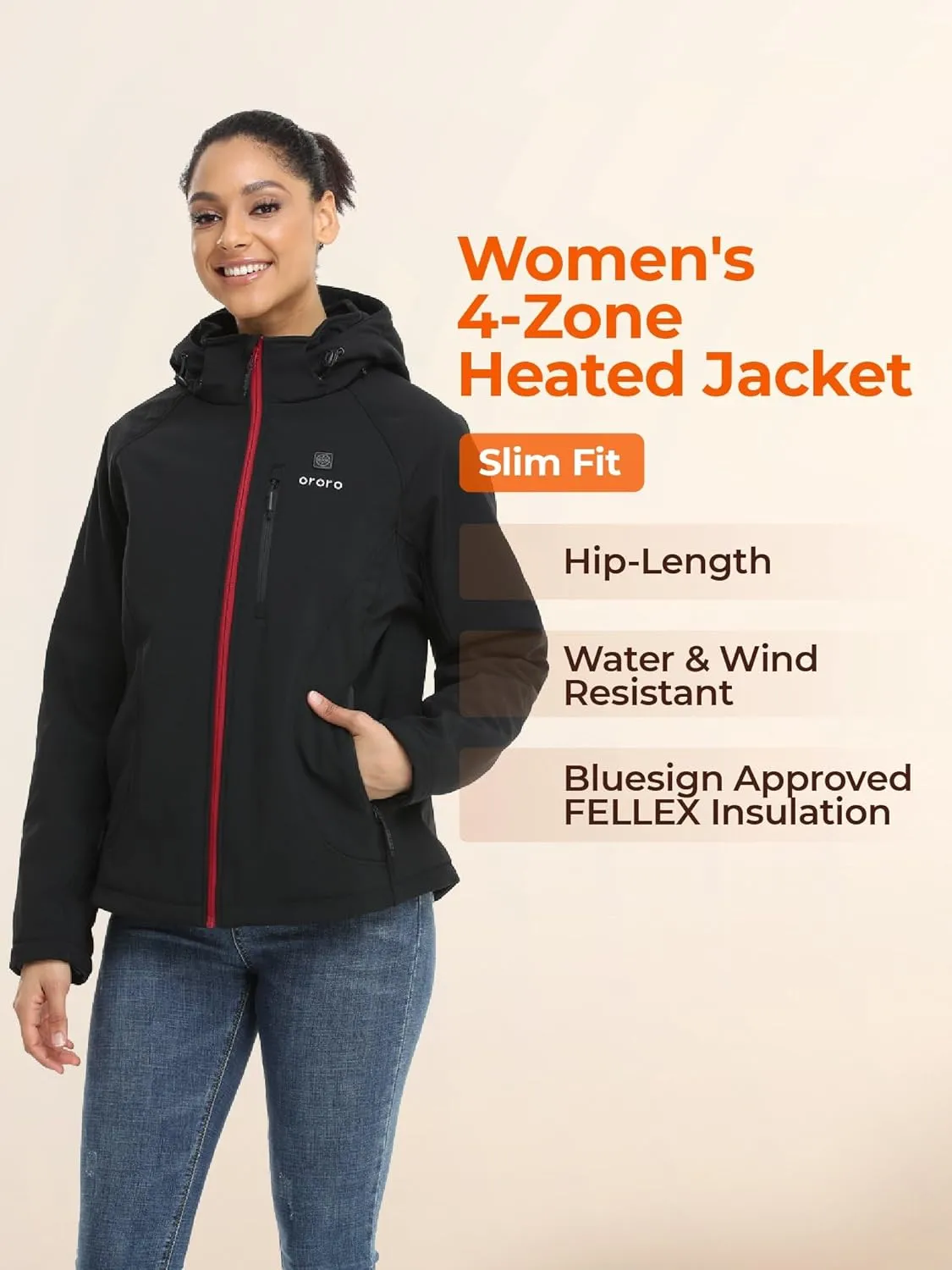 ORORO Women's Heated Jacket with Heated Collar, 4 Heat Zones Heated Coat with Battery (Charger Not Included)