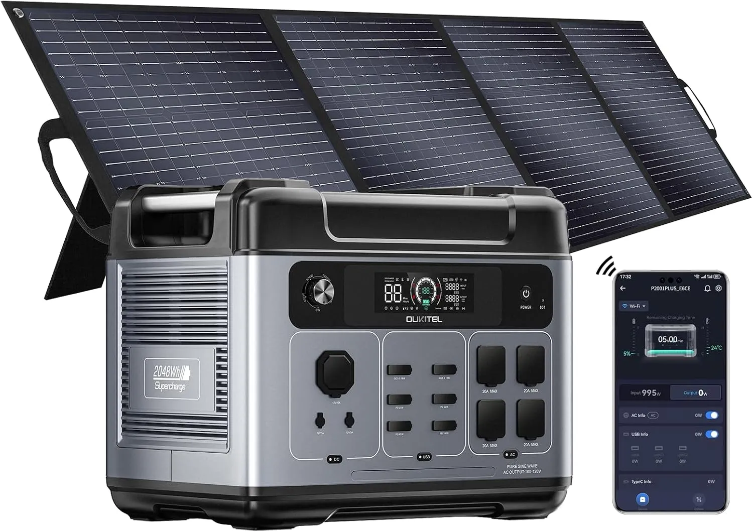 OUKITEL P2001 Plus 2400W Power Station with 200W Solar Panel, 2048Wh Solar Generator with 4 AC Outlets (5000W Peak), 1.5H Full Charging, APP Control Battery Backup for Home, Camping & RVs