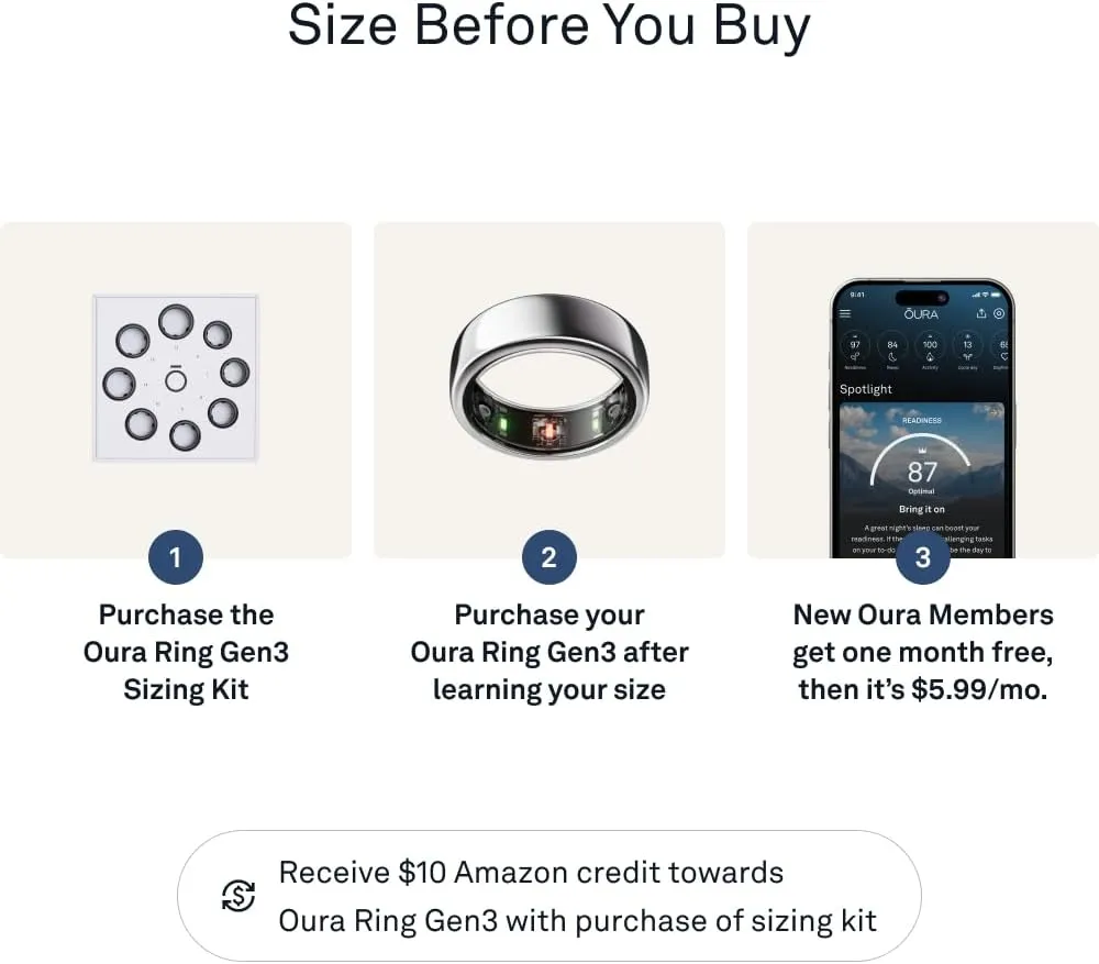 Oura Ring Gen3 Horizon - Silver - Size 10 - Smart Ring - Size First with Oura Ring Gen3 Sizing Kit - Sleep Tracking Wearable - Heart Rate - Fitness Tracker - 5-7 Days Battery Life