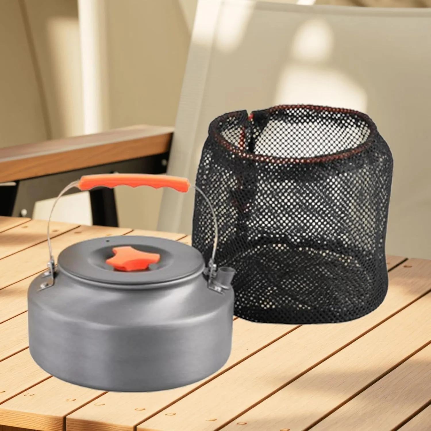 Outdoor Camping Kettle, 1.6L Tea Kettle, Picnic Teapot, Coffee Pot, Aluminum Alloy for Fishing Road, Trip Picnics, Orange handle
