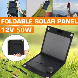 Outdoor Portable 12V 50W Folding Solar Panel Charger | Foldable Solar Cell Power Bank for Mobile Phone Hiking Battery with USB Port