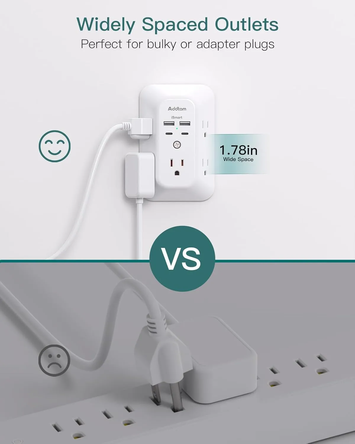 Outlet Extender Surge Protector - Addtam 5-Outlet Splitter with 4 USB Wall Charger(PD 30W), Multi Plug Wall Outlet Power Strip for Home, Dorm Room Essentials