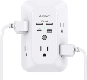 Outlet Extender Surge Protector - Addtam 5-Outlet Splitter with 4 USB Wall Charger(PD 30W), Multi Plug Wall Outlet Power Strip for Home, Dorm Room Essentials