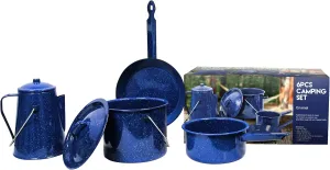 OUTPOST Camping Cooking Set – 6 Piece Enamel Cookware Set for Indoor and Outdoor Use – Premium Camp Kitchen Accessories Include Frypan, Kettle, Percolator – Easy to Clean and Durable
