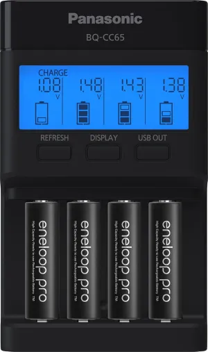 Panasonic K-KJ65KHA4BA Super Advanced 4-Position Quick Charger with LCD Indicator Panel, USB Charging Port and 4AA eneloop pro Rechargeable Batteries, Black