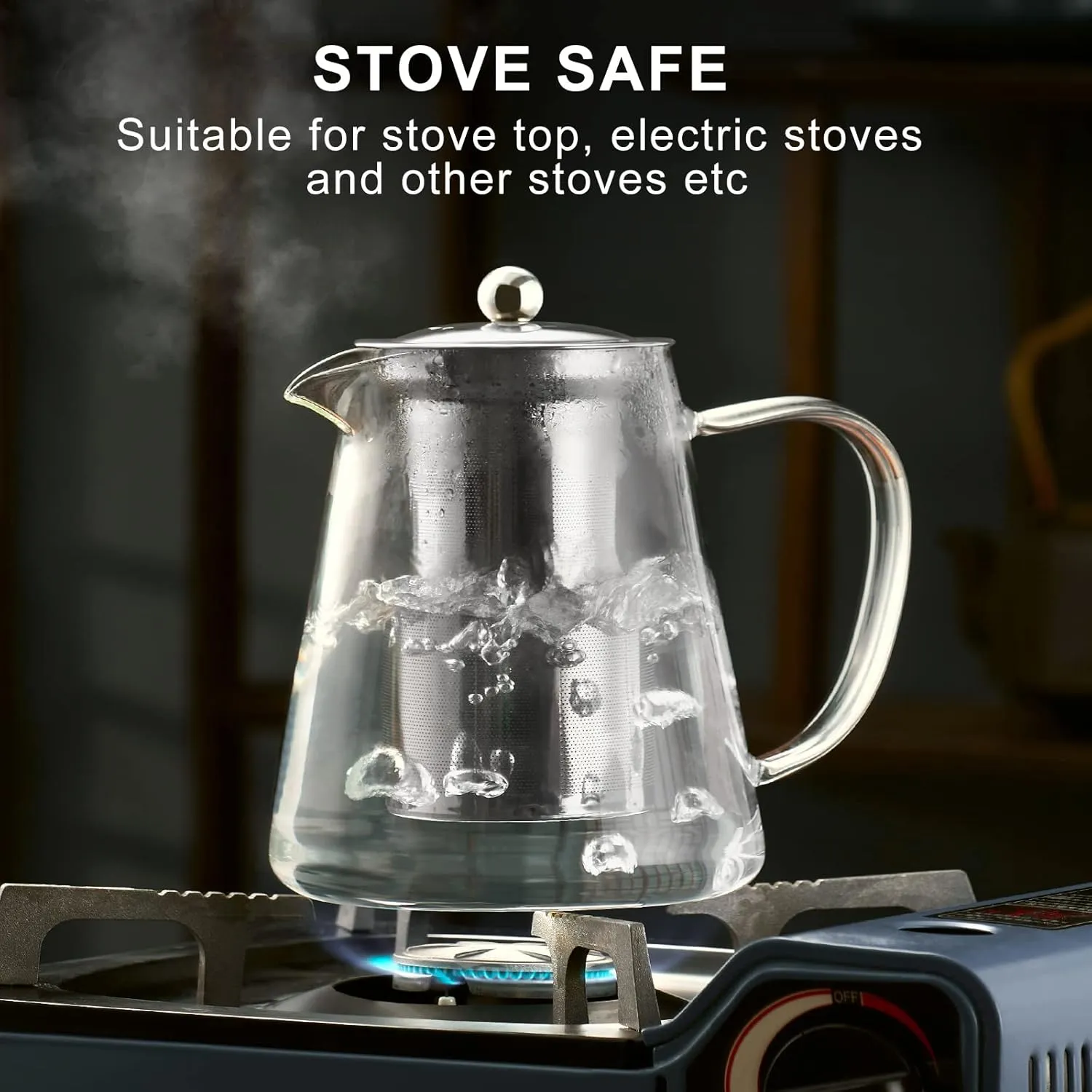 PARACITY Glass Teapot Stovetop 32 OZ, Borosilicate Clear Tea Kettle with Removable 18/8 Stainless Steel Infuser, Teapot Blooming and Loose Leaf Tea Maker Tea Brewer for Camping, Travel (950ML)