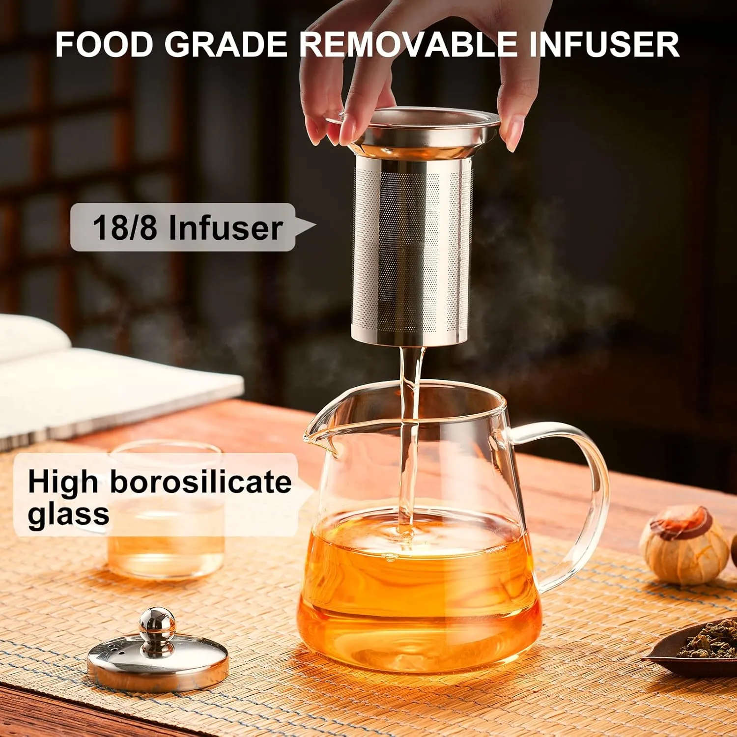 PARACITY Glass Teapot Stovetop 32 OZ, Borosilicate Clear Tea Kettle with Removable 18/8 Stainless Steel Infuser, Teapot Blooming and Loose Leaf Tea Maker Tea Brewer for Camping, Travel (950ML)
