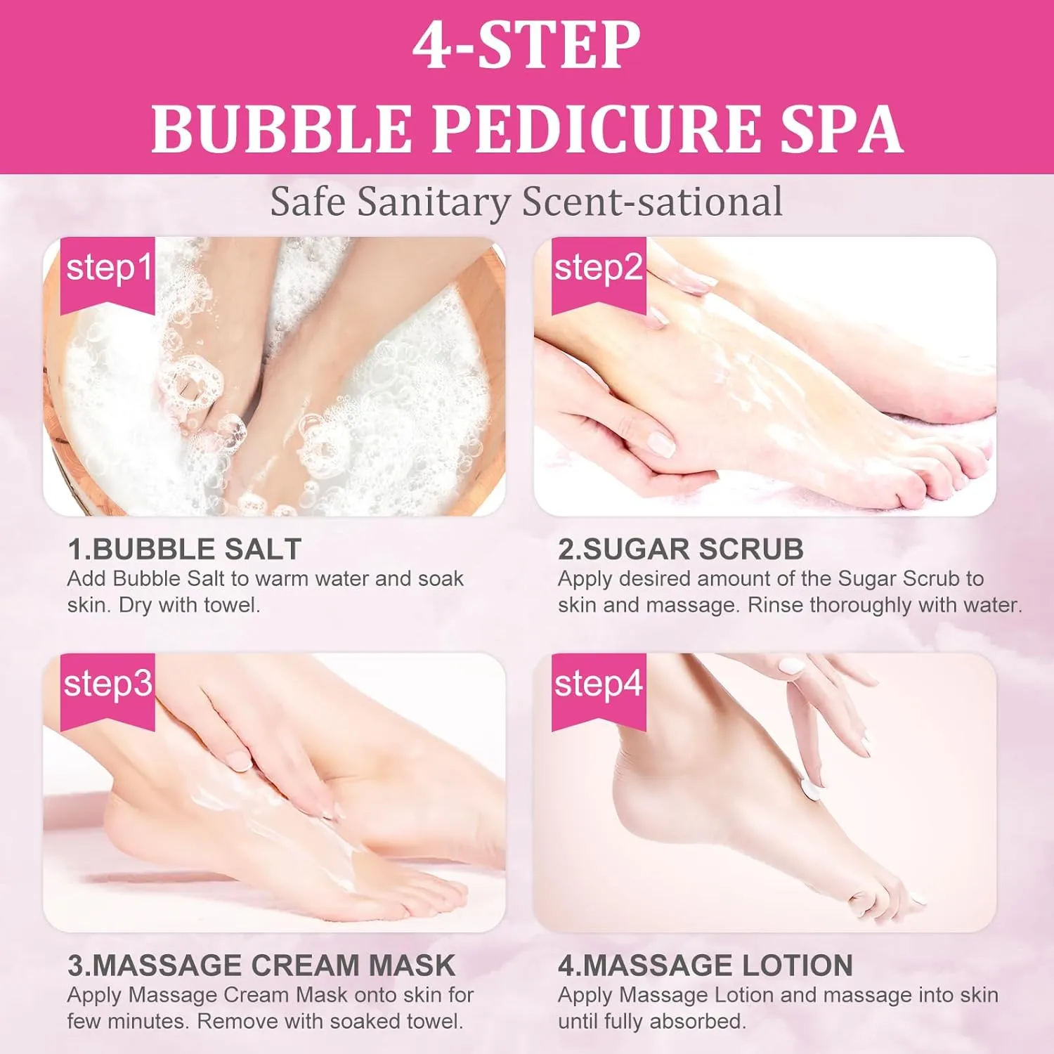 Pedicure Kit Foot Soak Set: Bubble Salt, Sugar Scrub, Massage Mask, Massage Lotion in a Box, 4 Step Foot Spa Kit for Dry Feet, Softens Calluses, Soothes Sore, Tired Feet（3 Set Rose)