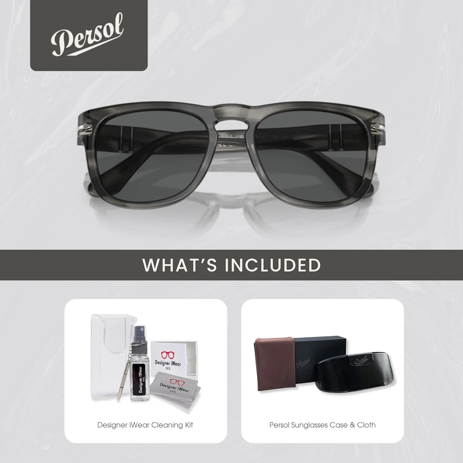 Persol Elio PO3333S Square Sunglasses for Men for Women   BUNDLE With Designer iWear Complimentary Eyewear Kit
