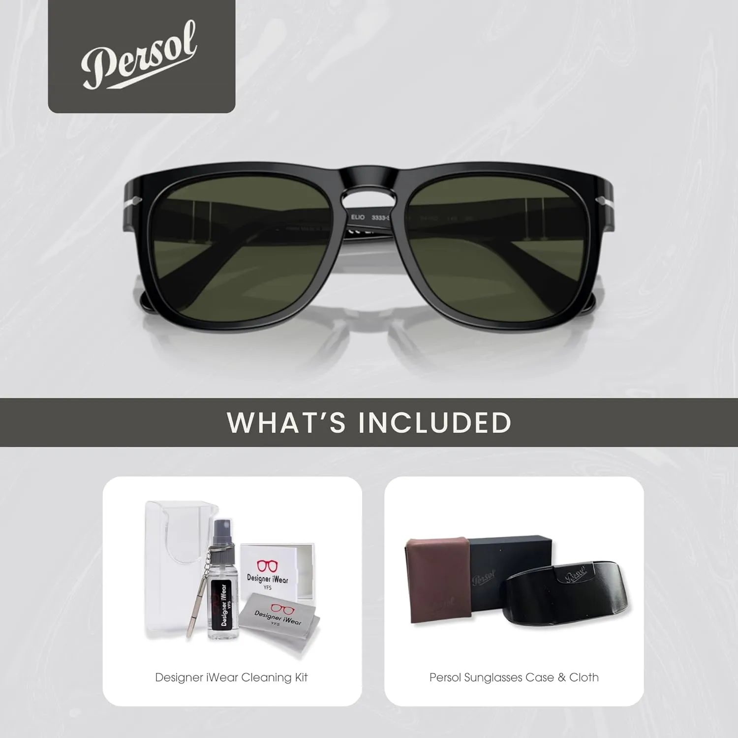 Persol Elio PO3333S Square Sunglasses for Men for Women   BUNDLE With Designer iWear Complimentary Eyewear Kit