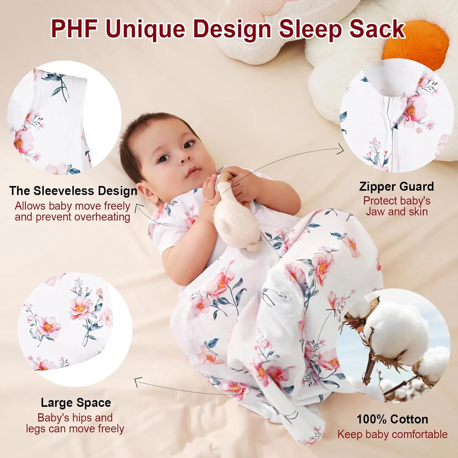 PHF 100% Cotton Baby Sleep Sack, 2-Way Zipper Baby Wearable Blanket, 0-6 Months TOG 0.5 Toddler Sleeping Sack, 2 Pack Sleeveless Soft Sleeping Bags for Baby Boys Girls, Small, Floral