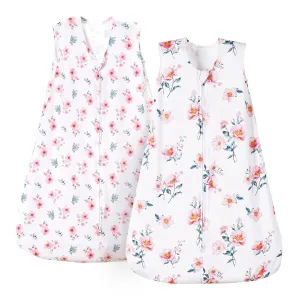 PHF 100% Cotton Baby Sleep Sack, 2-Way Zipper Baby Wearable Blanket, 0-6 Months TOG 0.5 Toddler Sleeping Sack, 2 Pack Sleeveless Soft Sleeping Bags for Baby Boys Girls, Small, Floral
