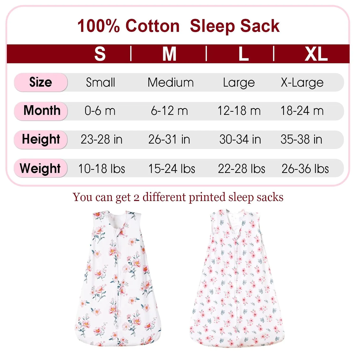 PHF 100% Cotton Baby Sleep Sack, 2-Way Zipper Baby Wearable Blanket, 0-6 Months TOG 0.5 Toddler Sleeping Sack, 2 Pack Sleeveless Soft Sleeping Bags for Baby Boys Girls, Small, Floral