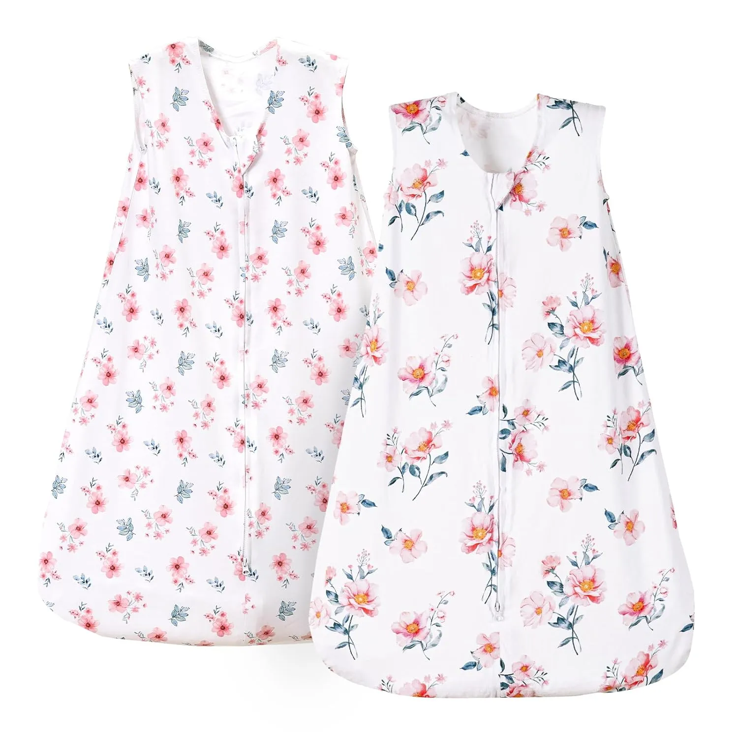 PHF 100% Cotton Baby Sleep Sack, 2-Way Zipper Baby Wearable Blanket, 0-6 Months TOG 0.5 Toddler Sleeping Sack, 2 Pack Sleeveless Soft Sleeping Bags for Baby Boys Girls, Small, Floral