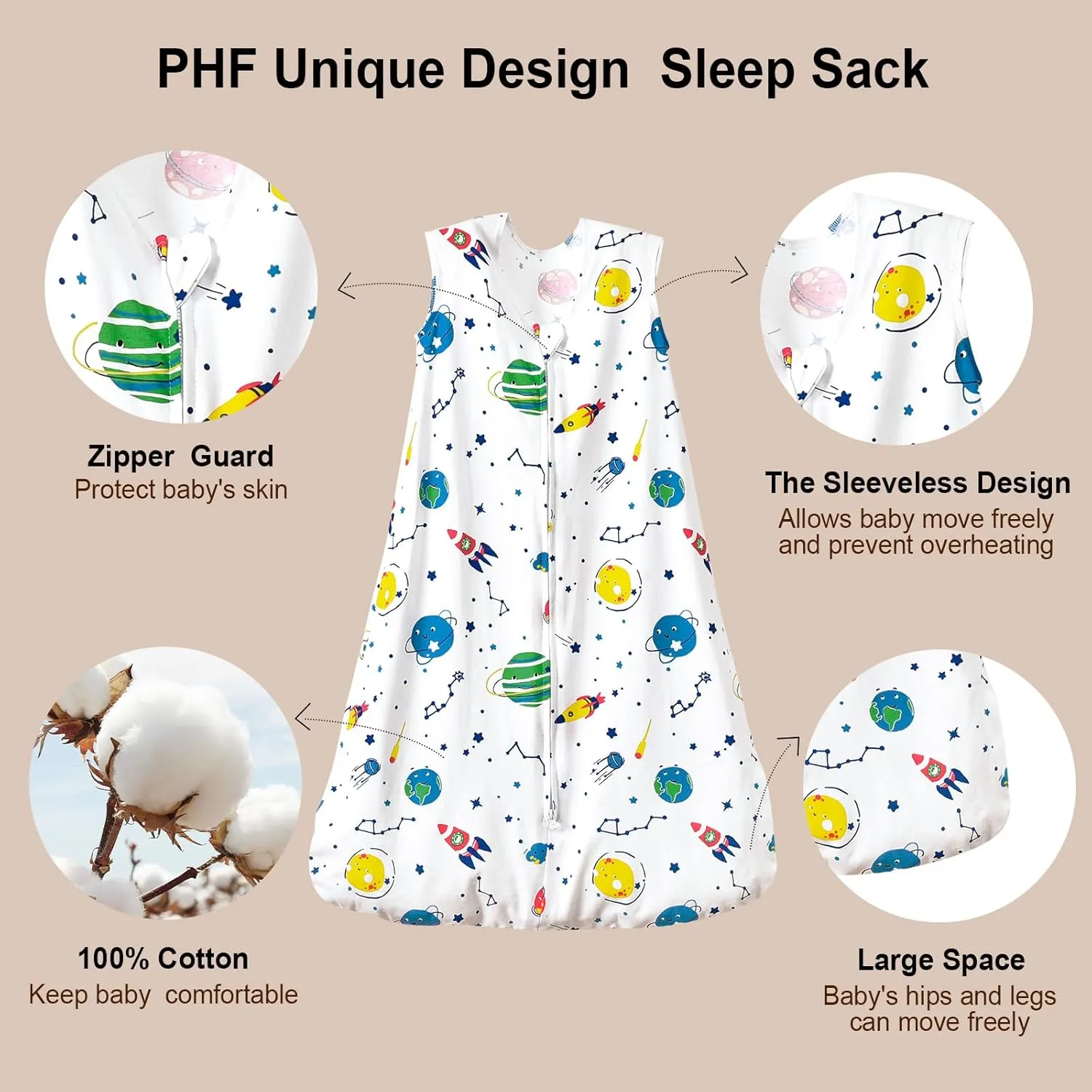 PHF 100% Cotton Baby Sleep Sack, 2-Way Zipper Baby Wearable Blanket, 18-24 Months TOG 0.5 Toddler Sleeping Sack, 2 Pack Sleeveless Soft Sleeping Bags for Baby Boys Girls, X-Large, Space