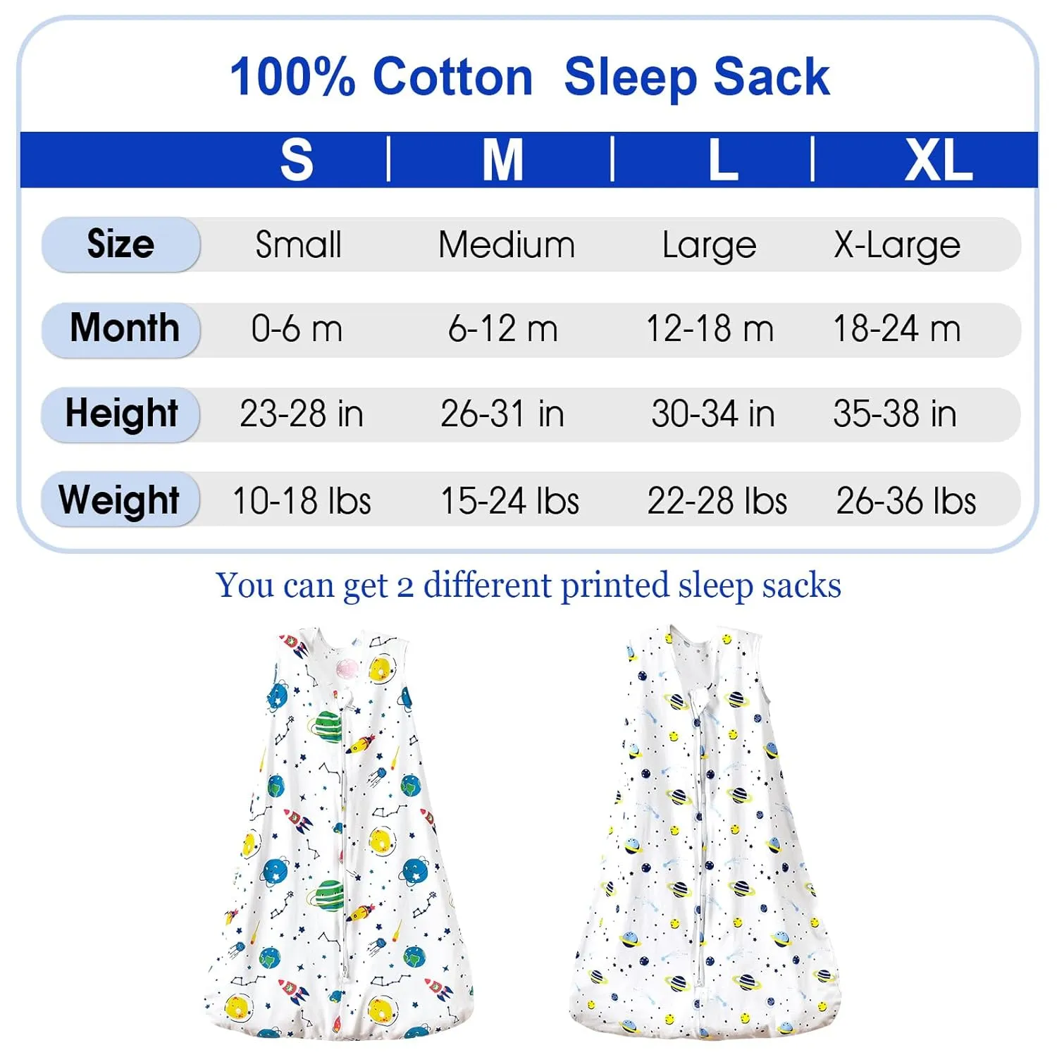 PHF 100% Cotton Baby Sleep Sack, 2-Way Zipper Baby Wearable Blanket, 18-24 Months TOG 0.5 Toddler Sleeping Sack, 2 Pack Sleeveless Soft Sleeping Bags for Baby Boys Girls, X-Large, Space