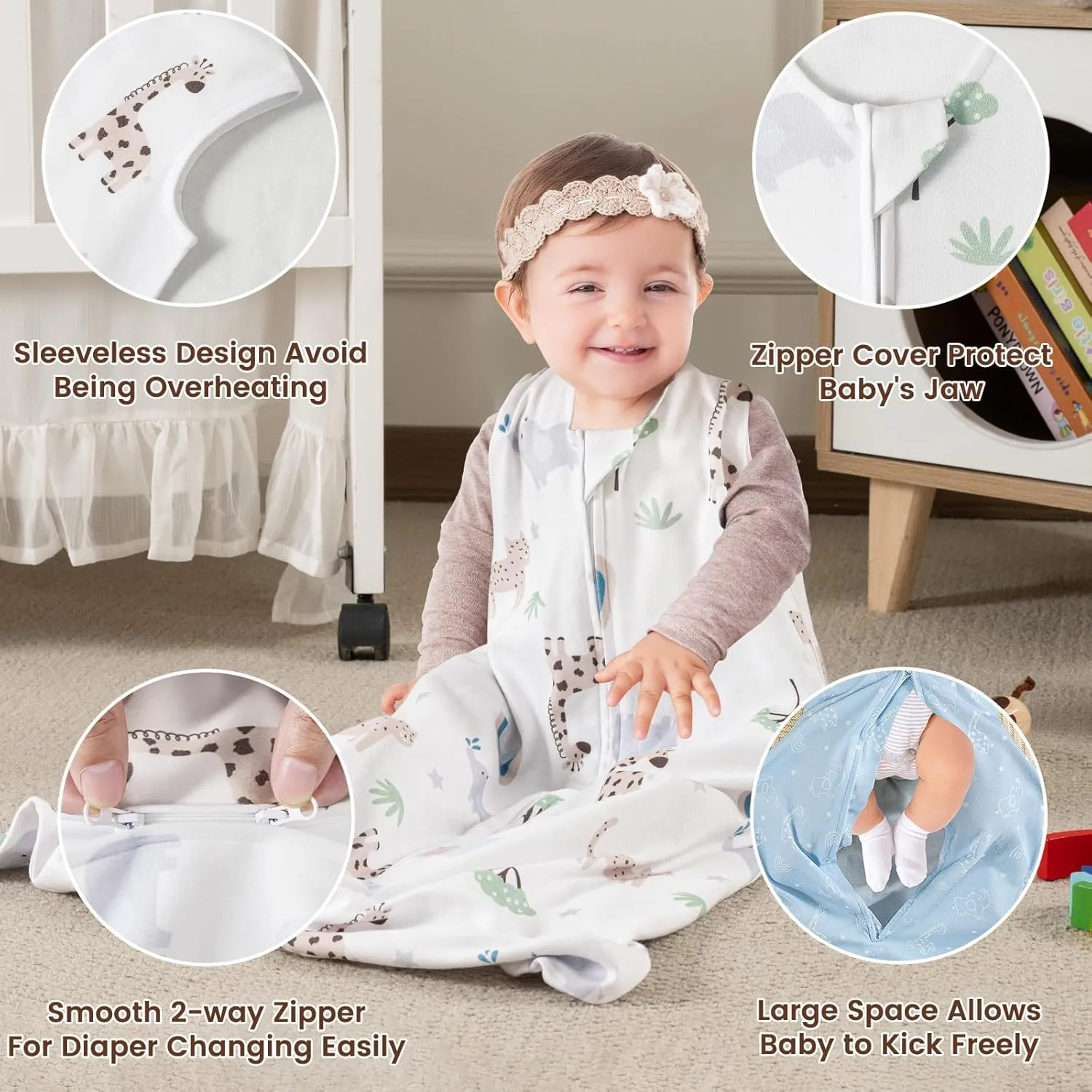 PHF 100% Cotton Baby Sleep Sack, 6-12 Months Baby Wearable Blanket, 2-Way Zipper Infant Sleeping Sack for Baby Boys Girls, 2 Pack Comfy Medium Size Sleeveless Sleeping Bags, Animal