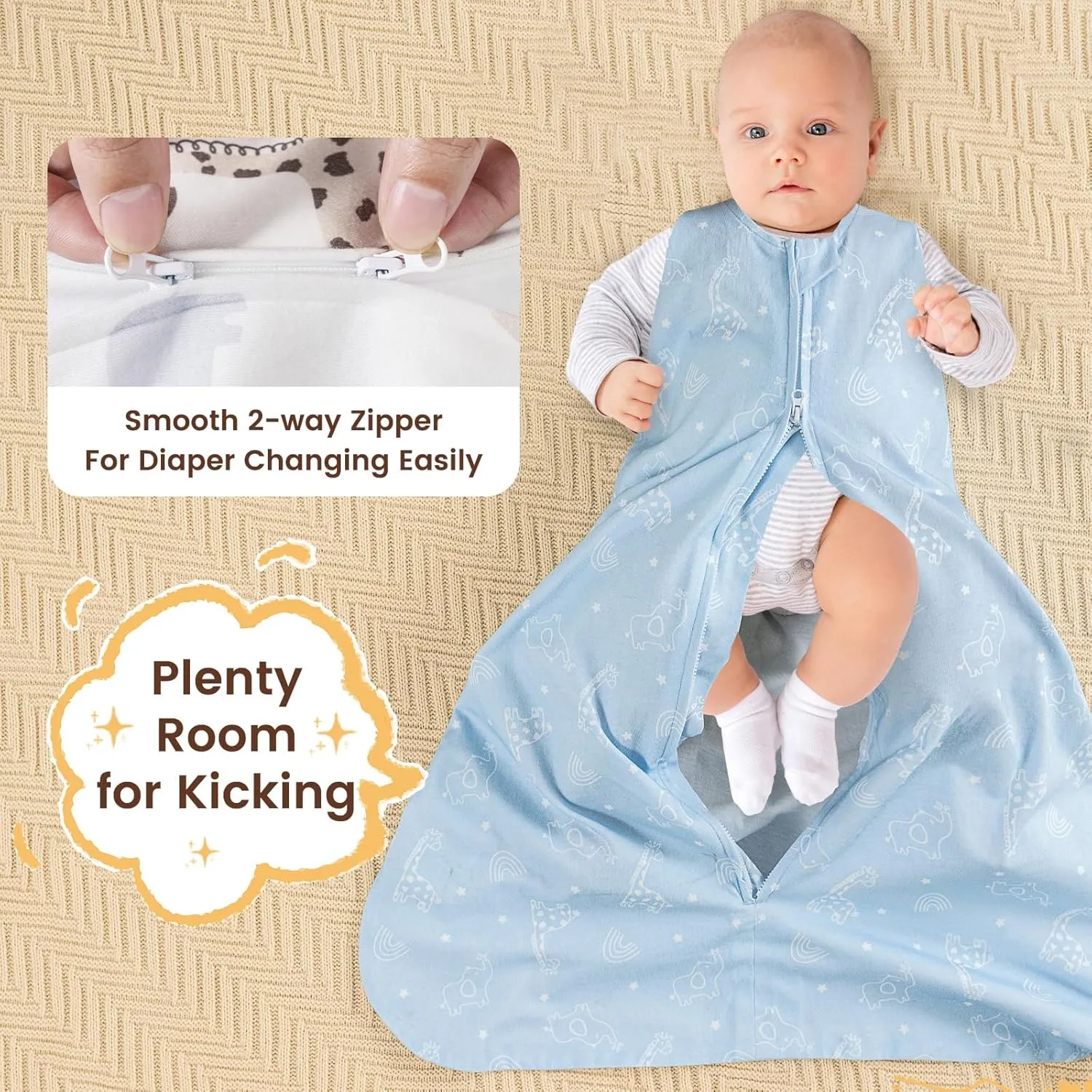 PHF 100% Cotton Baby Sleep Sack, 6-12 Months Baby Wearable Blanket, 2-Way Zipper Infant Sleeping Sack for Baby Boys Girls, 2 Pack Comfy Medium Size Sleeveless Sleeping Bags, Animal