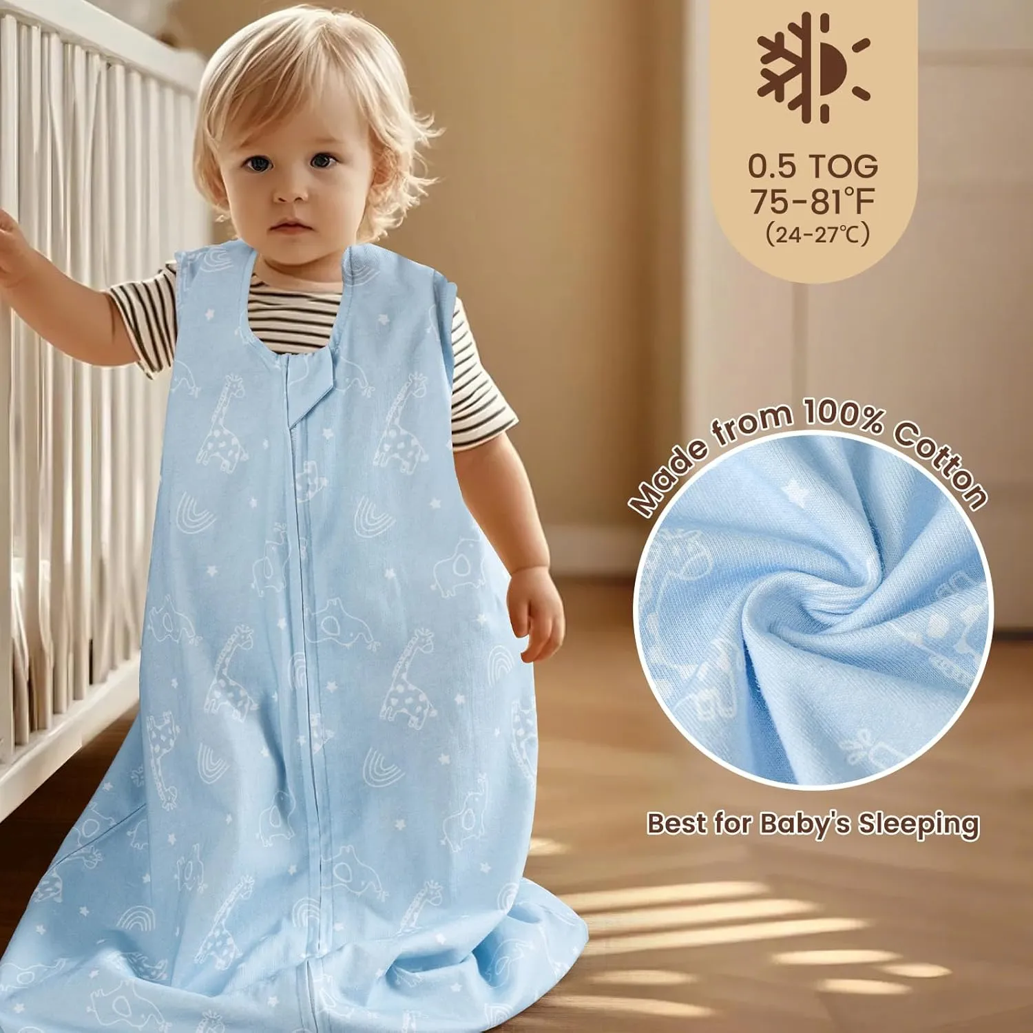 PHF 100% Cotton Baby Sleep Sack, 6-12 Months Baby Wearable Blanket, 2-Way Zipper Infant Sleeping Sack for Baby Boys Girls, 2 Pack Comfy Medium Size Sleeveless Sleeping Bags, Animal