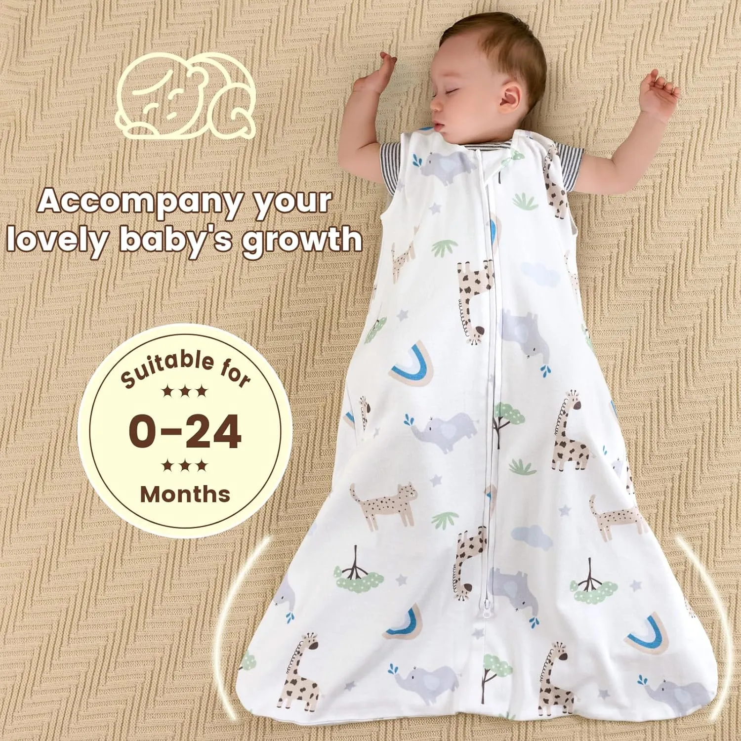PHF 100% Cotton Baby Sleep Sack, 6-12 Months Baby Wearable Blanket, 2-Way Zipper Infant Sleeping Sack for Baby Boys Girls, 2 Pack Comfy Medium Size Sleeveless Sleeping Bags, Animal