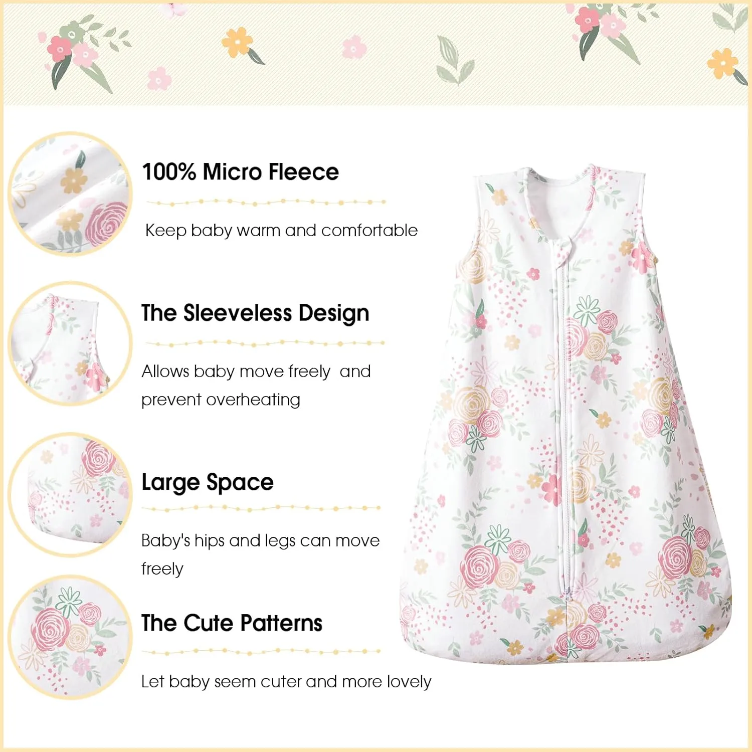 PHF 3 Pack Warm Micro-Fleece Baby Sleep Sack 12-18 Months, Soft Baby Wearable Blanket, 2-Way Zipper Sleeping Bags, Comfy Toddler Sleeping Sack for Girls, Large Size, Rose Floral