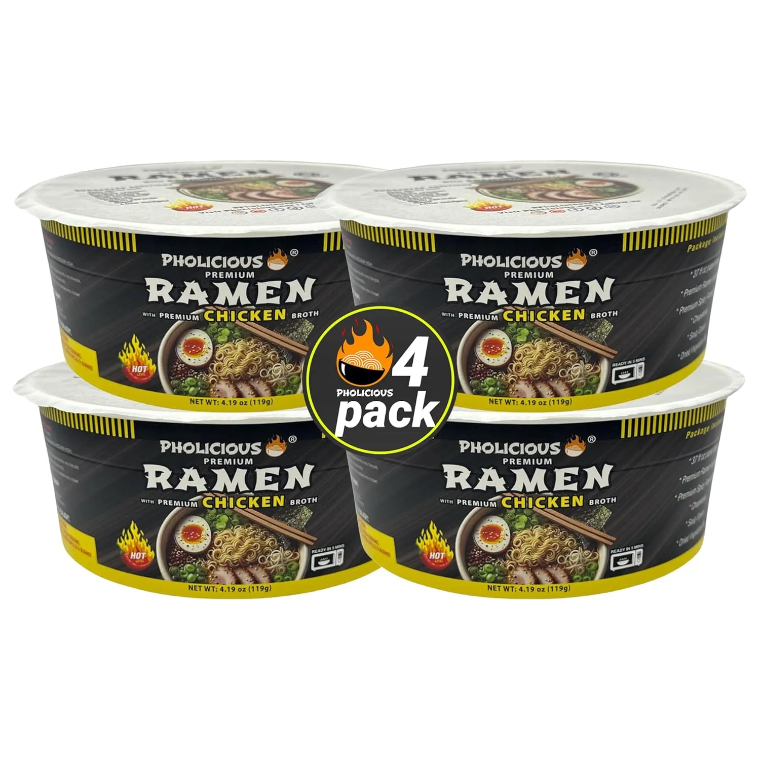 PhoLicious All New Spicy Chicken Ramen Noodles – Premium Instant Ramen Bowl with Real Broth Mix with Spices, Asian Food, Microwave Cup for Lunch, Meals & Snacks - Chicken Flavor (4 Pack)