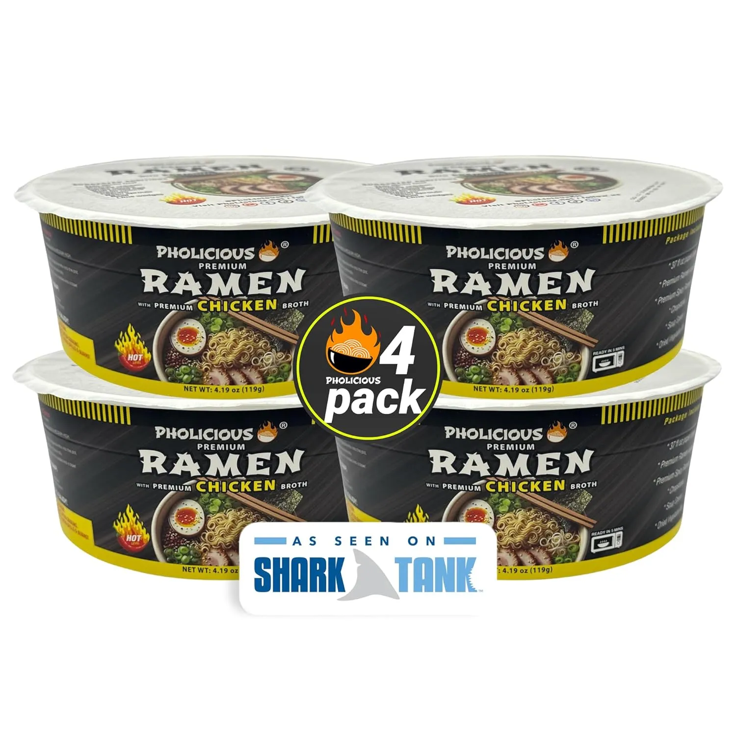 PhoLicious All New Spicy Chicken Ramen Noodles – Premium Instant Ramen Bowl with Real Broth Mix with Spices, Asian Food, Microwave Cup for Lunch, Meals & Snacks - Chicken Flavor (4 Pack)