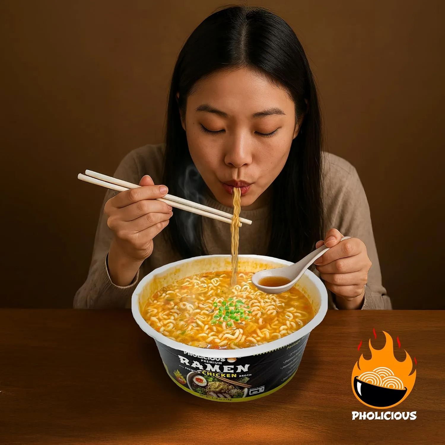 PhoLicious All New Spicy Chicken Ramen Noodles – Premium Instant Ramen Bowl with Real Broth Mix with Spices, Asian Food, Microwave Cup for Lunch, Meals & Snacks - Chicken Flavor (4 Pack)