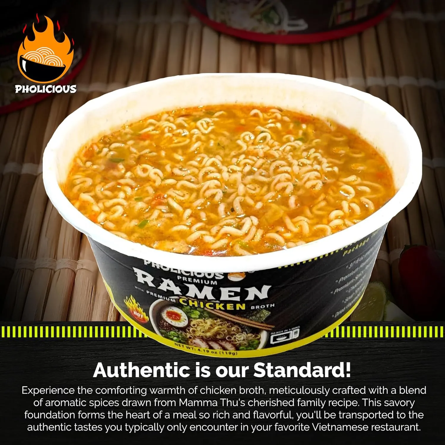 PhoLicious All New Spicy Chicken Ramen Noodles – Premium Instant Ramen Bowl with Real Broth Mix with Spices, Asian Food, Microwave Cup for Lunch, Meals & Snacks - Chicken Flavor (4 Pack)
