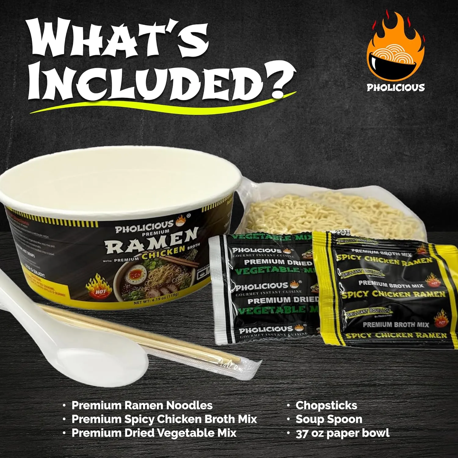PhoLicious All New Spicy Chicken Ramen Noodles – Premium Instant Ramen Bowl with Real Broth Mix with Spices, Asian Food, Microwave Cup for Lunch, Meals & Snacks - Chicken Flavor (4 Pack)