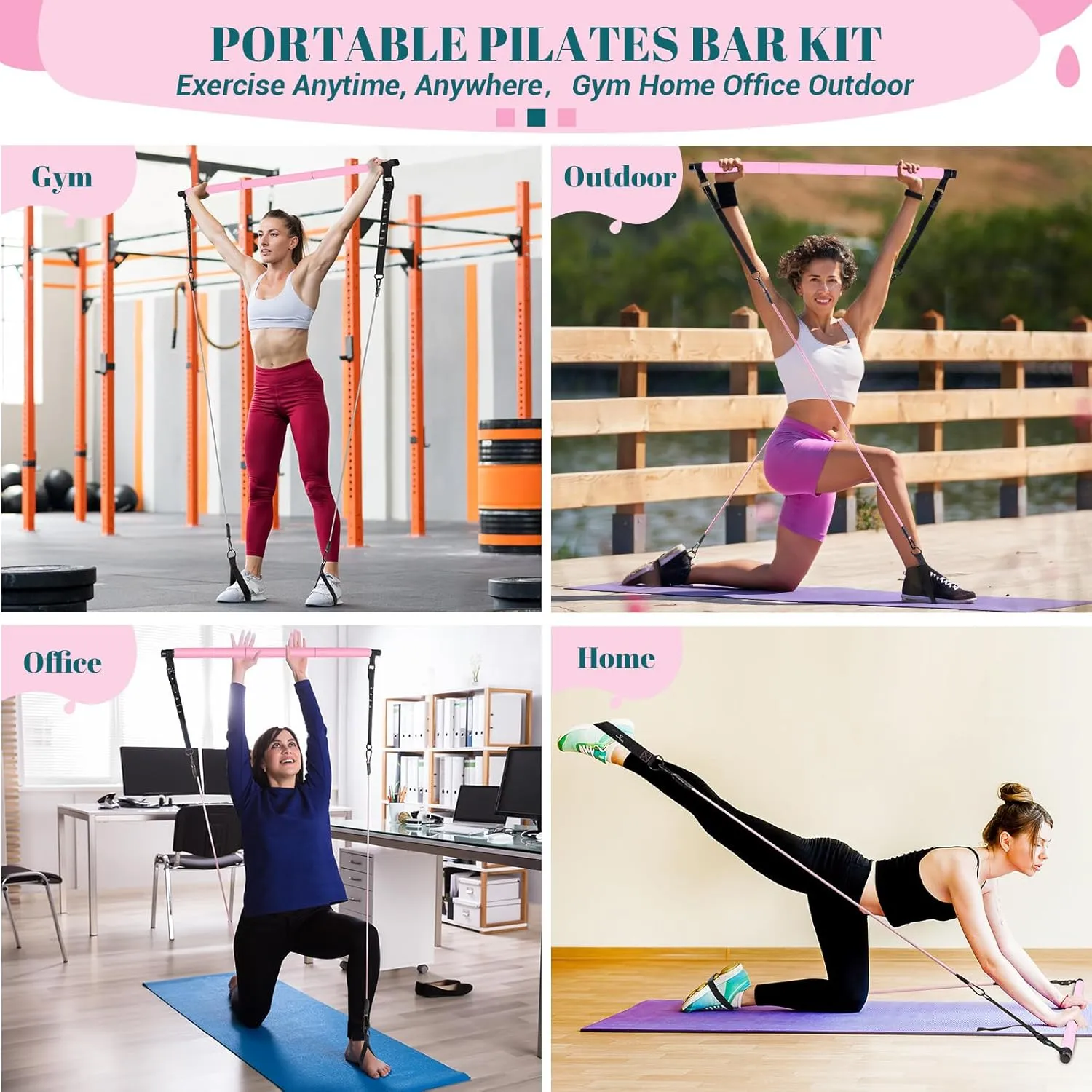 Pilates Bar Kit with Resistance Bands, Multifunctional Yoga Pilates Bar with Heavy-Duty Metal Adjustment Buckle, Portable Home Gym Pilates Resistance Bar Kit for Women Full Body Workouts