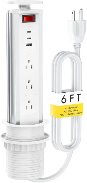 Pop Up Outlet for Countertop, Pull Pop Out Electrical Outlets with 3 AC Outlets, 2 PD 20W USB C and QC 18W USB A, Popup Desk Charging Station Power Hub for Conference Table Office Kitchen Island