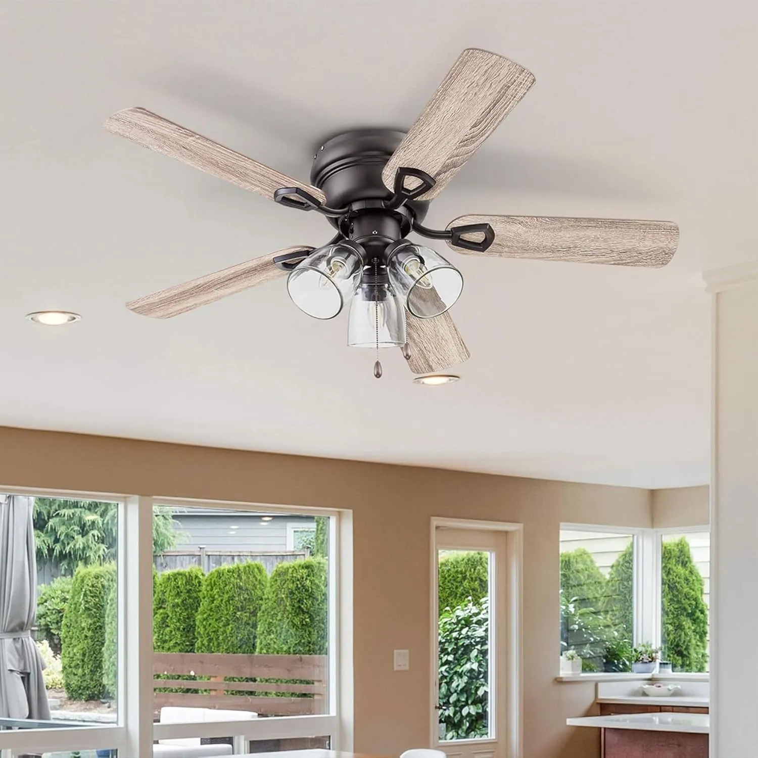 Portage Bay Ceiling Fans Renton 42" Bronze Indoor Fan with Clear 3 Light LED Multi Arm; E26/B11 Bulb and Pull-Chains, Traditional Style, 5 Reversible Barnwood/Dark Chestnut Blades, 51436